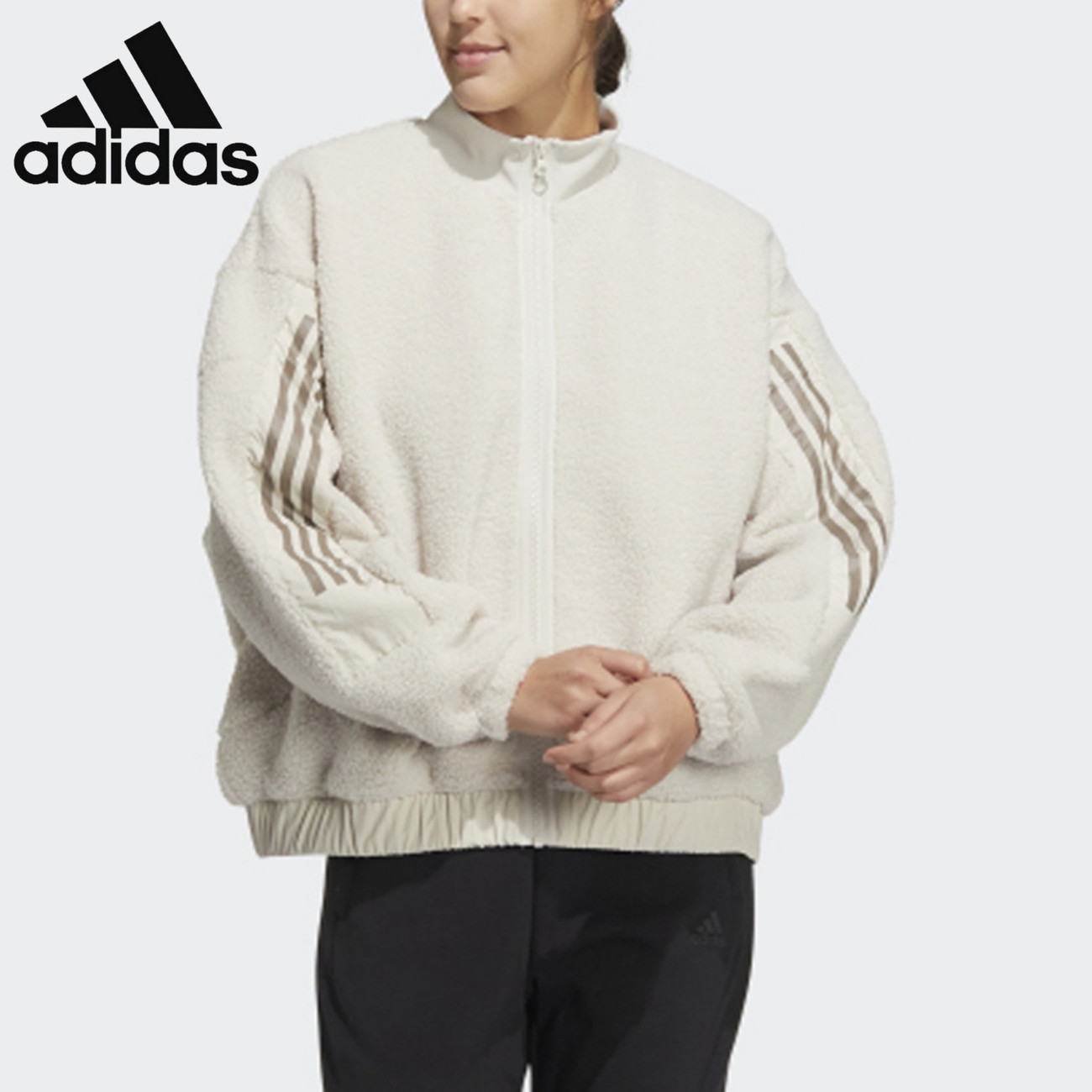 Áo khoác nữ Adidas casual thời trang dễ phối đồ màu trơn kéo khóa vân sọc